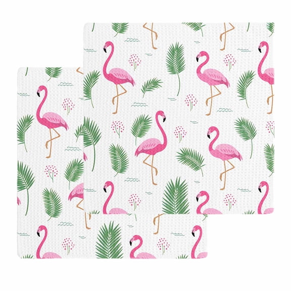 Pink Flamingos Kitchen Dish Towels for Drying Dishes Set of 2, Summer Green Tropical Palm Leaves Waffle Weave Microfiber Hand Tea Bathroom Towels Quick Dry & Absorbent Towel 12x12