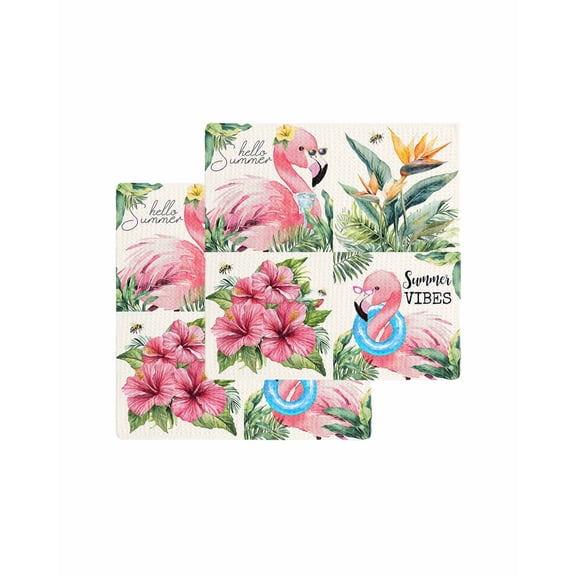 Pink Flamingos Kitchen Dish Towels for Drying Dishes Set of 2, Summer Palm Leaf Tropical Botanical Waffle Weave Microfiber Terry Hand Tea Bathroom Towels Quick Dry & Absorbent Towel 12x12