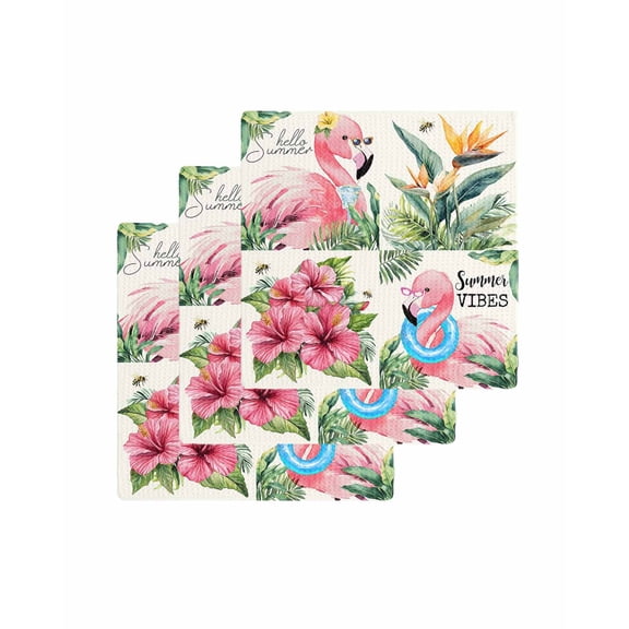 Pink Flamingos Kitchen Dish Towels for Drying Dishes Set of 3, Summer Palm Leaf Tropical Botanical Waffle Weave Microfiber Terry Hand Tea Bathroom Towels Quick Dry & Absorbent Towel 12x12