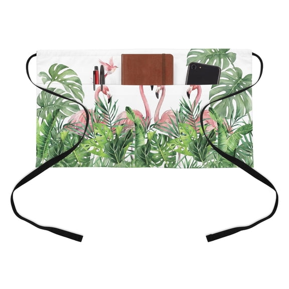 Pink Flamingos Kitchen Restaurant Half Waist Apron, Green Jungle Tropical Palm Leaves Botanical Server Short Apron with 3 Pockets Waterproof Oil Waist Aprons for Women Waitress Waiter