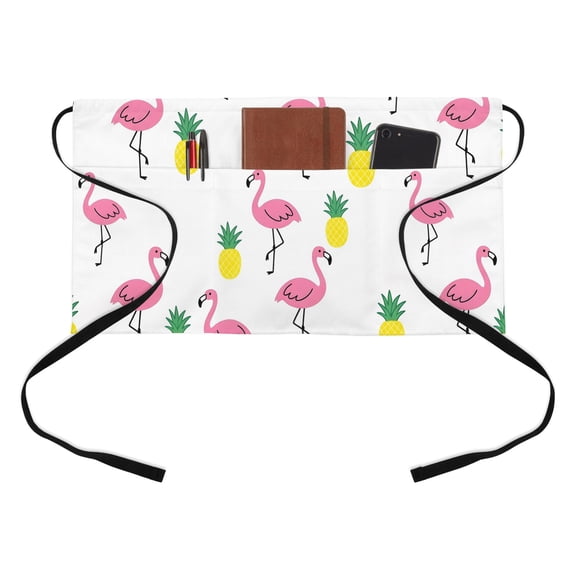 Pink Flamingos Kitchen Restaurant Half Waist Apron, Preppy Tropical Animals Summer Fruit Pineapples Server Short Apron with 3 Pockets Waterproof Oil Waist Aprons for Women Waitress Waiter