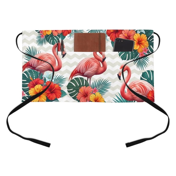 Pink Flamingos Kitchen Restaurant Half Waist Apron, Summer Red Hibiscus Flower Tropical Plant Wave Stripes Server Short Apron with 3 Pockets Waterproof Oil Waist Aprons for Women Waitress Waiter