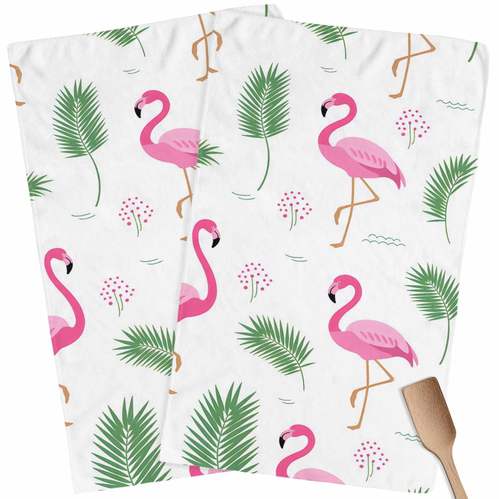Pink Flamingos Kitchen Towel Dish Cloths Set of 2, Microfiber Soft Kitchen Hand Towels, Summer Green Tropical Palm Leaves Absorbent Quick Drying Dishcloths 18 x 28 Inches