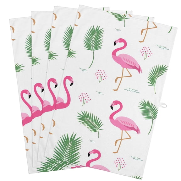 Pink Flamingos Kitchen Towels, Absorbent Microfiber Kitchen Dish Hand Tea Bath Towel, Summer Green Tropical Palm Leaves Quick Dry Cleaning Cloth Dishclothes Decorative Sets, (4-PC, 18x28)