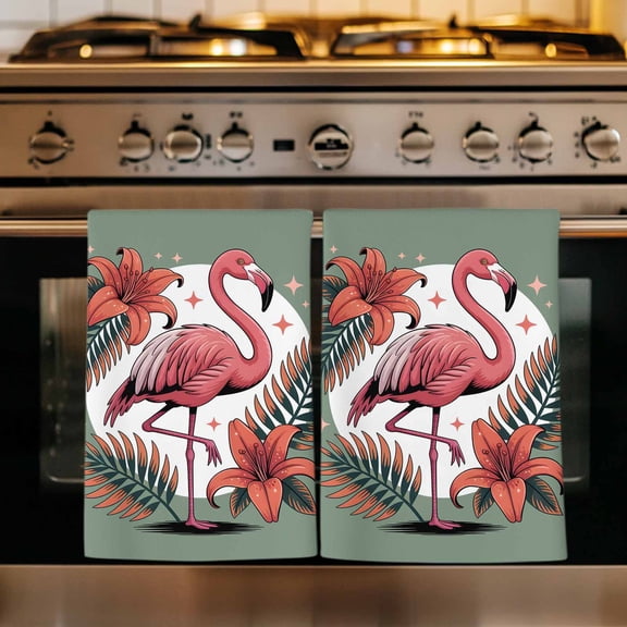 Pink Flamingos Kitchen Towels Set of 1, Summer Palm Flower Leaf Sage Green Absorbent Dish Towels for Kitchen, Microfiber Hand Towel, Quick Drying Tea Towel for Cleaning Decorative Dishcloths
