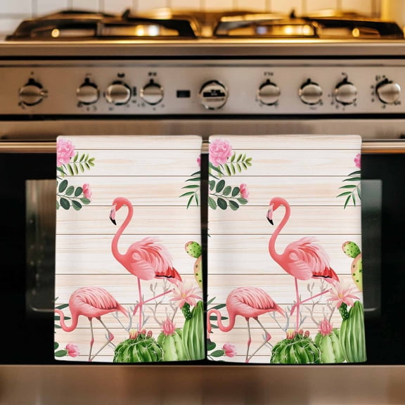 Pink Flamingos Kitchen Towels Set of 1, Summer Tropical Flowers Cactus Wooden Absorbent Dish Towels for Kitchen, Microfiber Hand Towel, Quick Drying Tea Towel for Cleaning Decorative Dishcloths