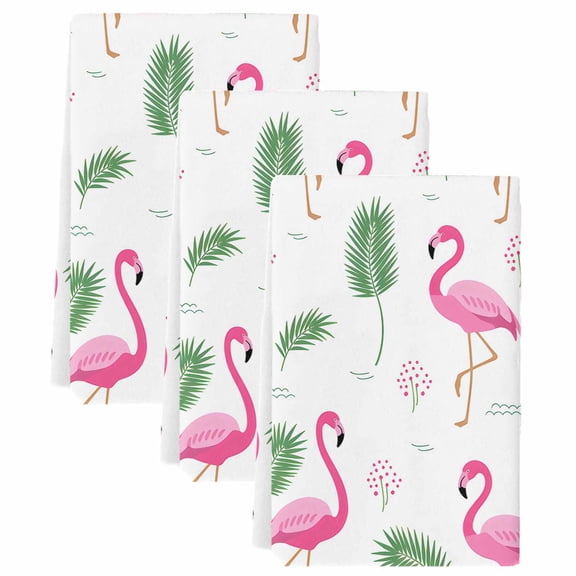 Pink Flamingos Kitchen Towels Set of 3, Summer Green Tropical Palm Leaves Soft Microfiber Dish Towels, Absorbent Quick-Dry Washable Dishcloths for Kitchen Cleaning, Drying Dishes, 18x28 Inches