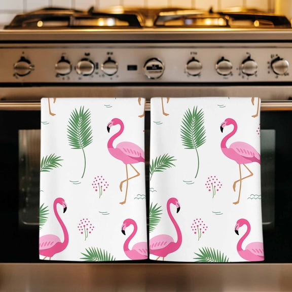 Pink Flamingos Kitchen Towels Set of 4, Summer Green Tropical Palm Leaves Absorbent Dish Towels for Kitchen, Microfiber Hand Towel, Quick Drying Tea Towel for Cleaning Decorative Dishcloths