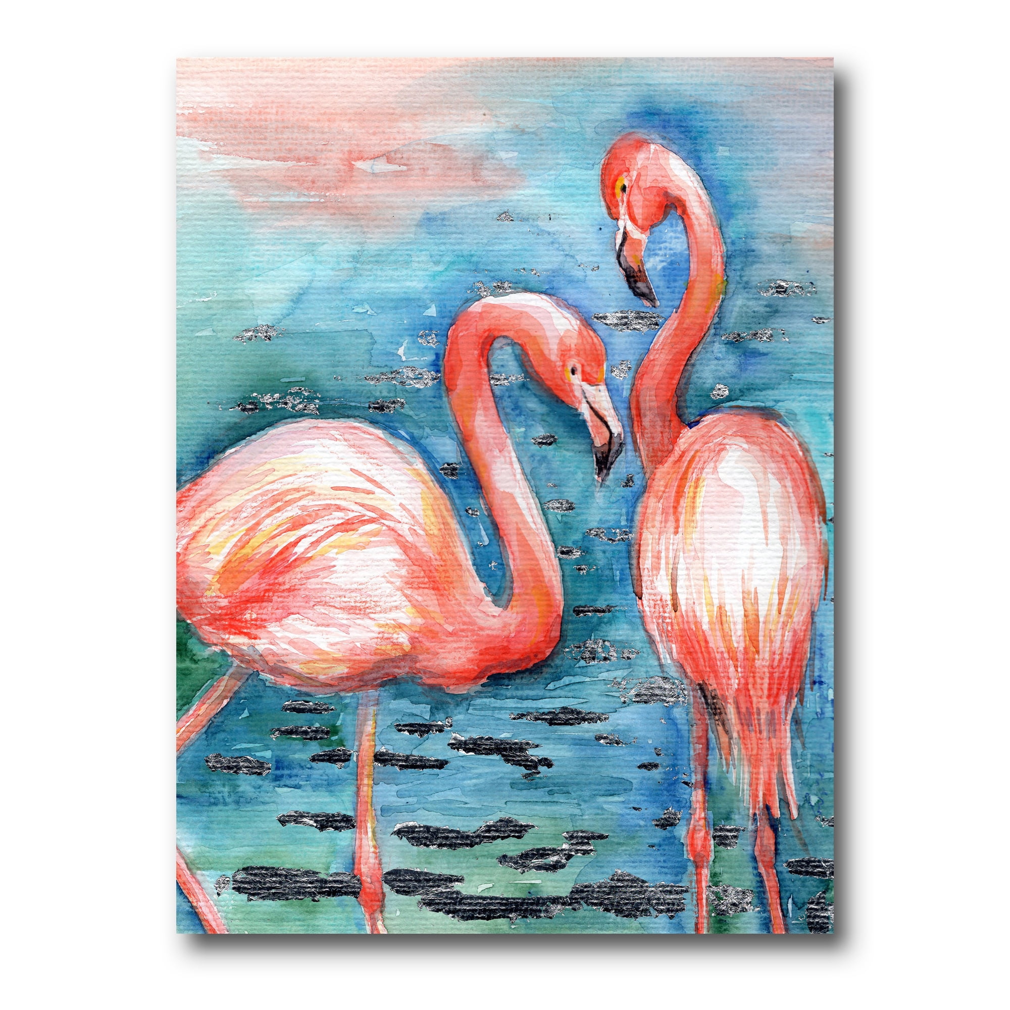 Pink Flamingos Love Birds In Blue Water I 8 in x 12 in Painting Canvas Art Print, by Designart