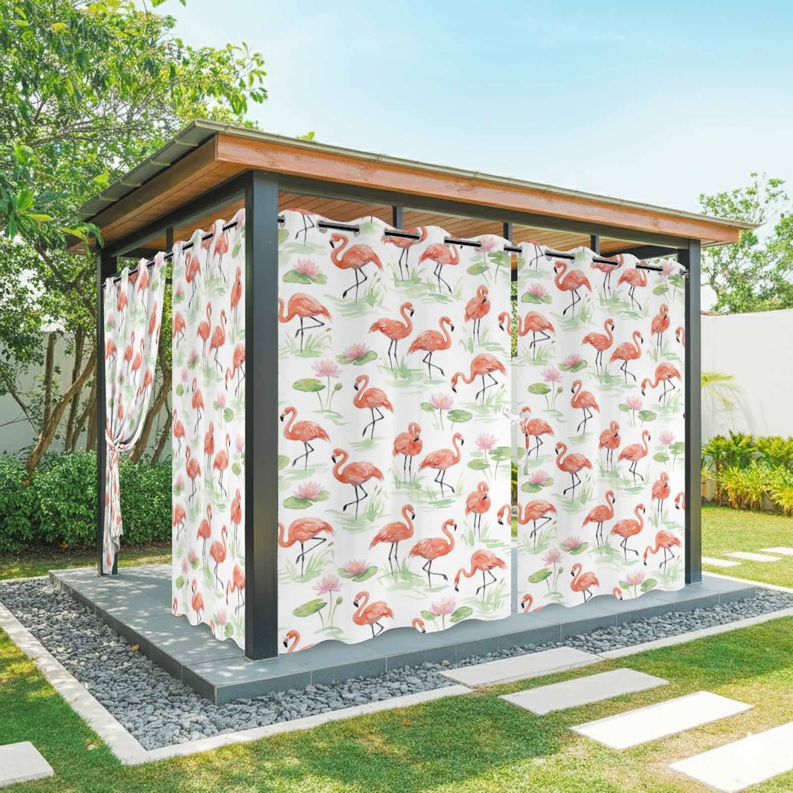Pink Flamingos Outdoor Curtains for Patio, Boho Summer Pink Tropical Vibe Lotus Flower Lotus Leaf Sunshade Privacy Drapes Grommet Waterproof Outside Curtains for Porch Balcony 54"x108", 1 Panel