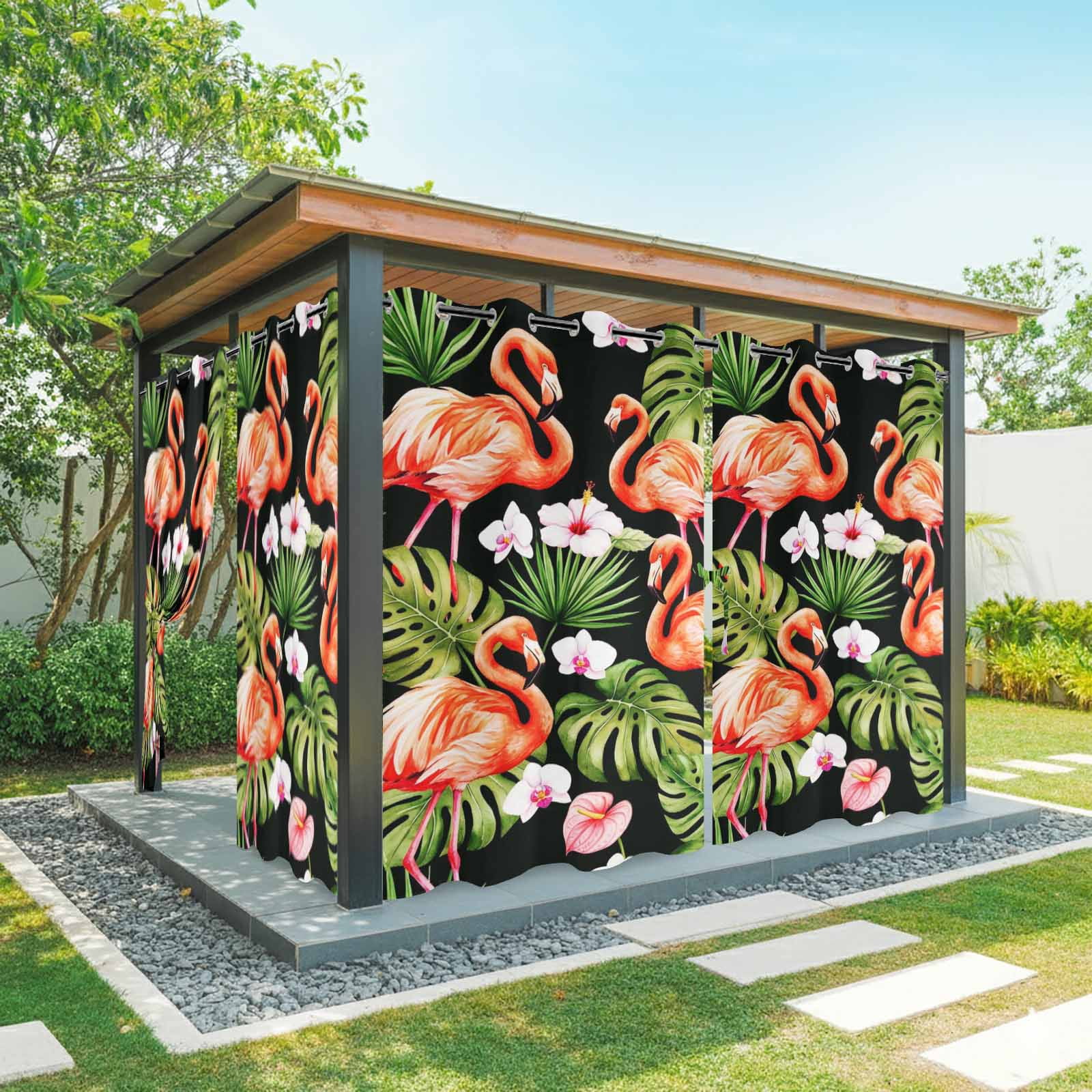 Pink Flamingos Outdoor Curtains for Patio, Green Tropical Leaf Hibiscus Flower Botanical Sunshade Privacy Drapes Grommet Waterproof Outside Curtains for Porch/Cabana/Balcony 54"x 108", 1 Panel