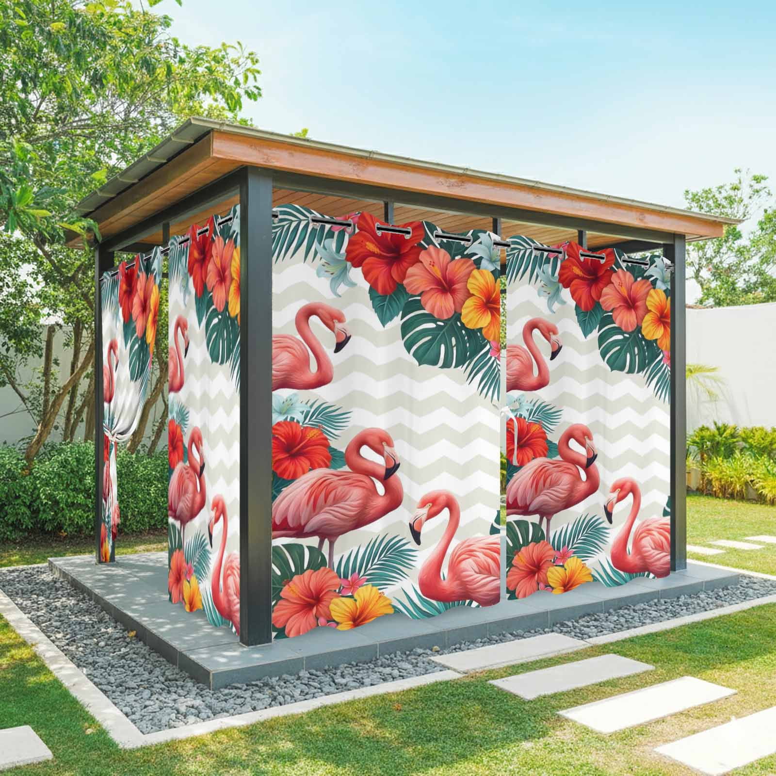 Pink Flamingos Outdoor Curtains for Patio, Summer Red Hibiscus Flower Tropical Plant Wave Stripes Sunshade Privacy Drapes Grommet Waterproof Outside Curtains for Porch Balcony 54"x108", 1 Panel