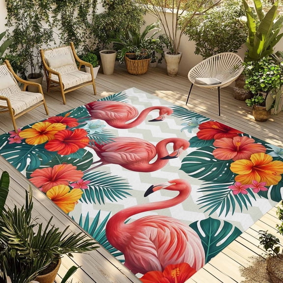 Pink Flamingos Outdoor Rug 3x5 ft Summer Red Hibiscus Flower Tropical Plant Wave Stripes Non Slip Patio Rug Washable Absorbent Large Outdoor Carpet Outside Mat for Porch RV Garden Camping