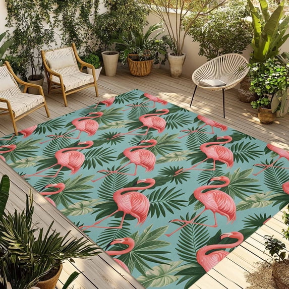 Pink Flamingos Outdoor Rug for Patio/Deck/Porch, Non-Slip Large Area Rug 6 x 9 Ft, Summer Botanical Watercolor Indoor Outdoor Rugs Washable Area Rugs, Reversible Camping Rug Carpet Runner