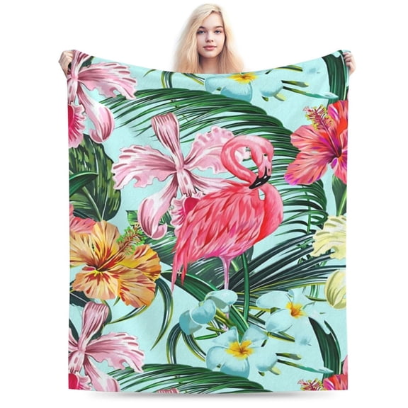 Pink Flamingos Palm Leaves Flowers Bed Blanket 50x40