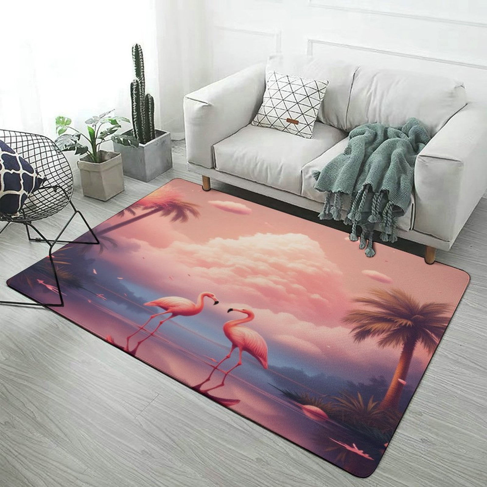 Pink Flamingos Paradise Scene Carpet Style Living Room Bedroom Rug Soft ...