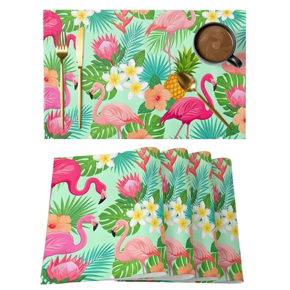 Pink Flamingos Placemats Set of 1, Tropical Palm Leaf Hibiscus Flower Green Plant Non-Slip Place Mats Washable Table Mats for Kitchen Dining Table Decorations Indoor/Outdoor
