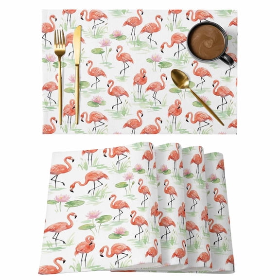 Pink Flamingos Placemats Set of 12, Boho Summer Pink Tropical Vibe Lotus Flower Lotus Leaf Non-Slip Place Mats Washable Table Mats for Kitchen Dining Table Decorations Indoor/Outdoor