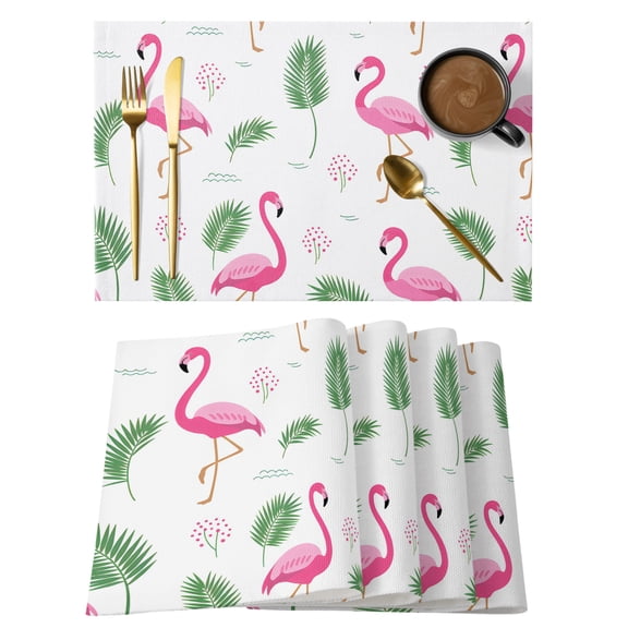 Pink Flamingos Placemats Set of 6, Cotton Linen Fabric Place Mats, Summer Green Tropical Palm Leaves Washable Decorative Table Mats Protector for Home Kitchen Dining Wedding Party Coffee Tables