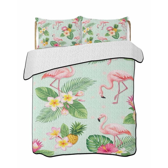 Pink Flamingos Quilts Bedding Set California King Summer Tropical Yellow Pineapples Green Palm Leaf Lightweight Quilted Bedspread 3 Piece Bed Quilt with 2 Pillow Shams for Bedroom 96" x 106"