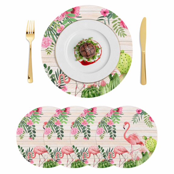 Pink Flamingos Round 13 Inch Placemats Set of 4, Summer Tropical Flowers Cactus Wooden HeatResistant Non Slip Place Mats for Dining Table, Wipeable Braided Kitchen Table Mats for Housewarming