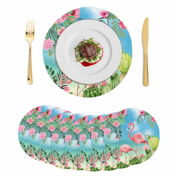 Pink Flamingos Round 13 Inch Placemats Set of 8, Summer Beach Tropical Floral Cactus HeatResistant Non Slip Place Mats for Dining Table, Wipeable Braided Kitchen Table Mats for Housewarming