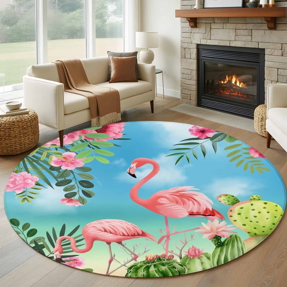 Pink Flamingos Round Area Rug 6Ft Washable Circle Rugs for Bathroom Office, Summer Beach Tropical Floral Cactus Non-Slip Carpet Floor Mats Indoor Outdoor Carpet Runner Aesthetic Home Decor