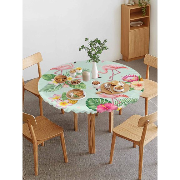 Pink Flamingos Round Fitted Tablecloth with Elastic Edge, Summer Tropical Yellow Pineapples Green Palm Leaf Waterproof Stretch Table Covers for 45"-54" Tables Wipeable Table Cloth for Outdoor
