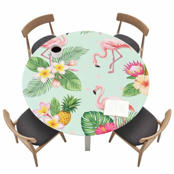 Pink Flamingos Round Fitted Tablecloth Summer Tropical Yellow Pineapples Green Palm Leaf Waterproof Elastic Stretch Table Cover for 45"-54" Round Table, Oil Proof Tablecloth for Picnic Party Dinner