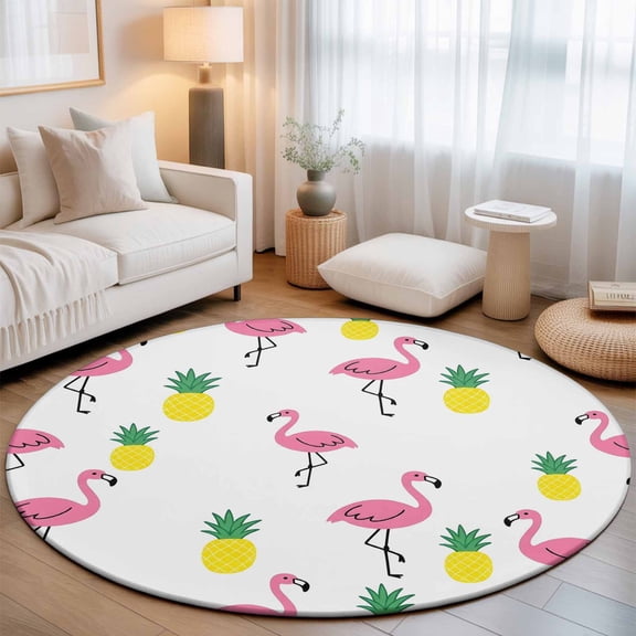 Pink Flamingos Round Living Room Rugs 3.3 ft, Preppy Tropical Animals Summer Fruit Pineapples Washable Area Rug with Non-Slip Sturdy Edge Binding Round Front Door Mat Floor Carpet for Entryway