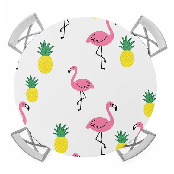 Pink Flamingos Round Table Cover, Preppy Tropical Animals Summer Fruit Pineapples Waterproof Fitted Tablecloths for 45"-54" Tables, Washable Picnic Table Cover for Camping Dining Indoor Outdoor