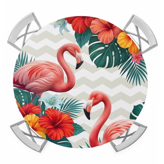 Pink Flamingos Round Table Cover, Summer Red Hibiscus Flower Tropical Plant Wave Stripes Waterproof Fitted Tablecloths for 36"-44" Tables, Washable Picnic Table Cover for Dining Indoor Outdoor