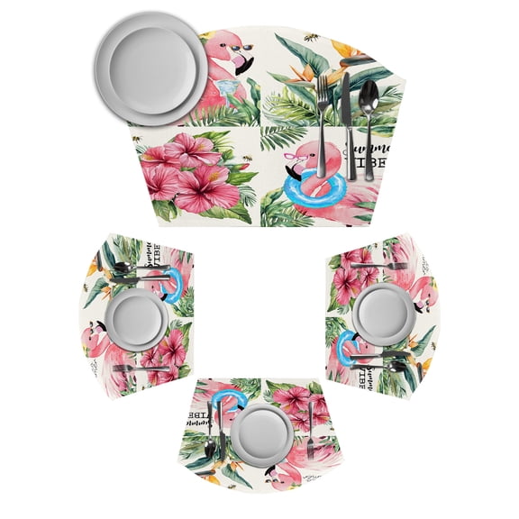 Pink Flamingos Round Table Placemats Set of 4 Wedge Placemats, Summer Palm Leaf Tropical Botanical Place Mats for Dining Table Set Washable Mats Kitchen Decor for Indoor Outdoor Wipe Clean