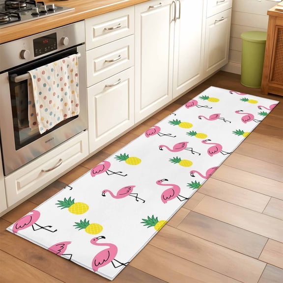 Pink Flamingos Runner Rug for Hallway 2x6ft, Preppy Tropical Animals Summer Fruit Pineapples Non Slip Floor Mat Washable Low-Profile Indoor Carpet for Living Room, Bedroom, Dining Room
