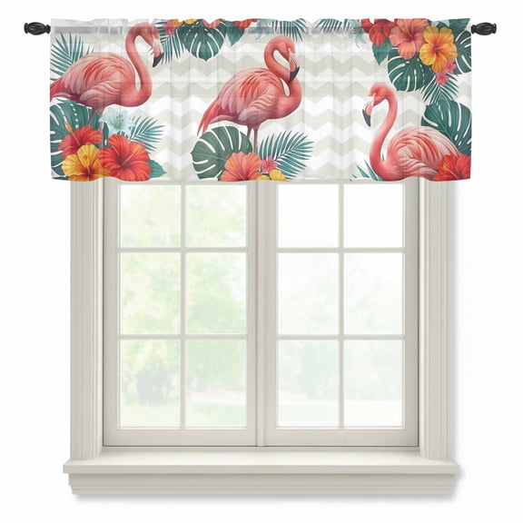 Pink Flamingos Semi Sheer Valance Curtains Summer Red Hibiscus Flower Tropical Plant Wave Stripes Voile Valances Curtain Rod Pocket Small Window Treatment for Kitchen Bathroom Cafe 54"x18"