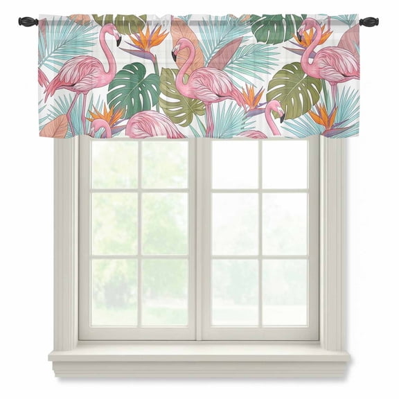Pink Flamingos Semi Sheer Valance Curtains Watercolor Monstera Leaf Green Tropical Plant Voile Valances Curtain Rod Pocket Small Window Treatment for Kitchen Bathroom Cafe 60"x18"