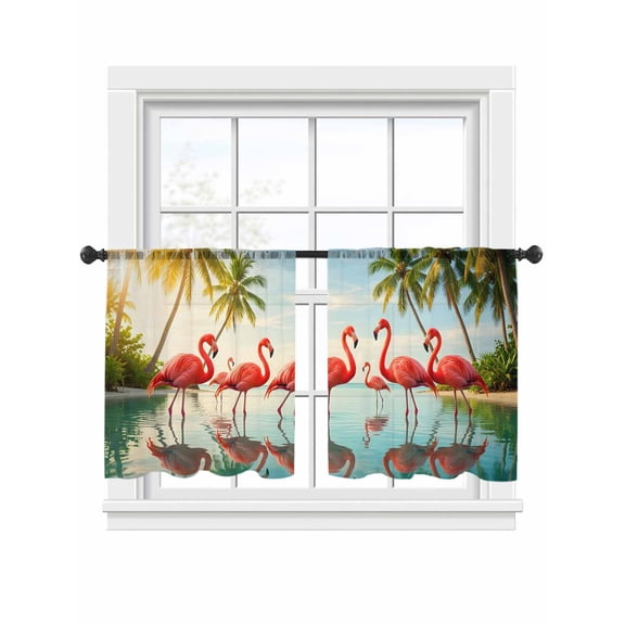 Pink Flamingos Sheer Curtains 2 Panels Set, Palm Trees Tropical Plant Beach Shore Blue Sky Light Filtering Rod Pocket Voile Drapes, Window Sheer Curtains for Living Room/Bedroom, 52'' W x 45'' L