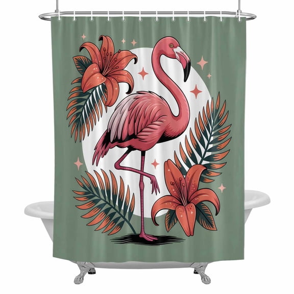 Pink Flamingos Shower Curtain for Bathroom, Red Tropical Flower Leaves Watercolor Waterproof Cloth Fabric Bathroom Accessories Set with 12 Rust Proof Plastic Hooks, 72"x78"