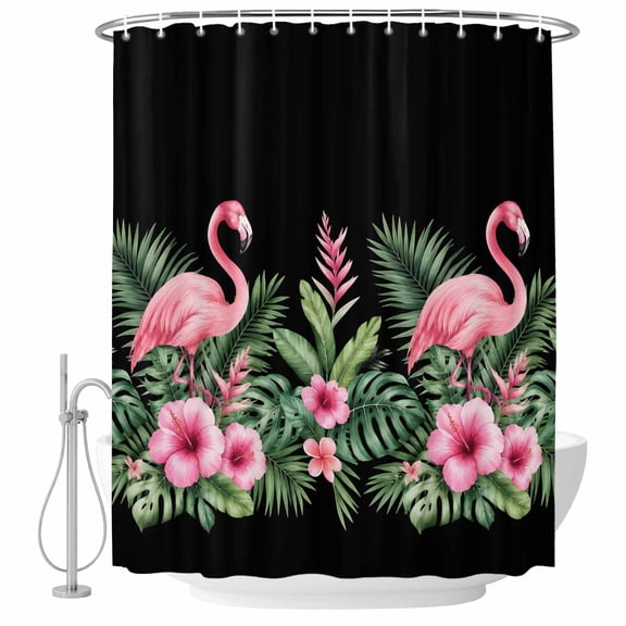 Pink Flamingos Shower Curtains for Bathroom, Waterproof Bath Curtains Decor, Bath Tub Curtain Summer Botanical Black Tropical Watercolor Decorative Shower Curtain Sets with 12 Hooks, 72x72 Inch