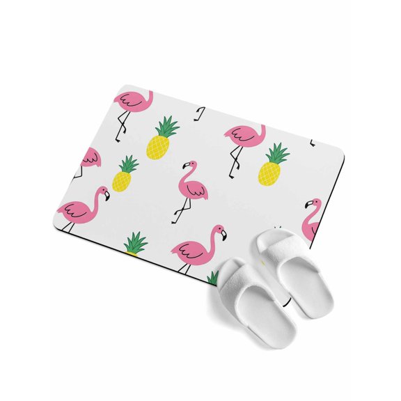 Pink Flamingos Soft Diatomaceous Earth Mat, Preppy Tropical Animals Summer Fruit Pineapples Absorbent Bath Mat Non Slip Rubber Backed Quick Dry Doormat Fit Under Door for Bathroom Kitchen 16"x24"
