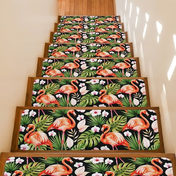 Pink Flamingos Stair Treads Non Slip for Steps Green Tropical Leaf Hibiscus Flower Botanical 15 Pcs Reusable Adhesive Stair Runner Mats for Dogs Elders Carpet Treads Rugs for Staircase 8x30 In