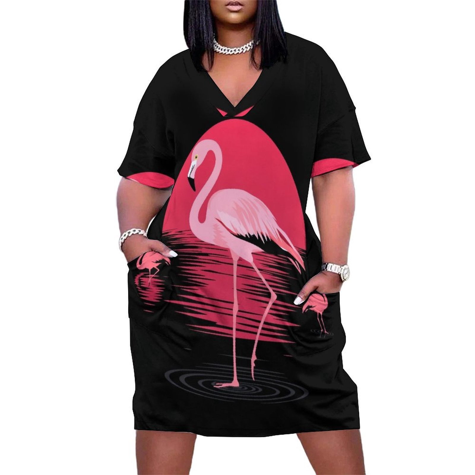 Women's Cute Flamingo Print Sleeveless Maxi Dress – Loose Fit V-Neck Sundress For Beach, Vacation & Casual Outings - View #11