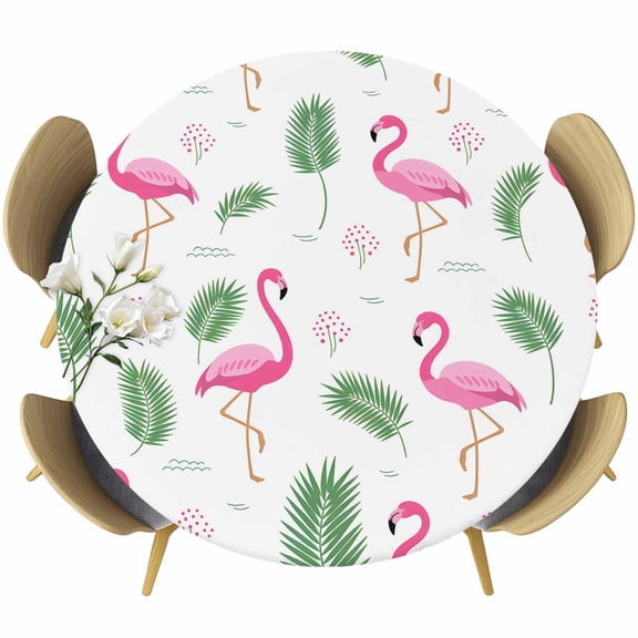 Pink Flamingos Table Cloth, Round Fitted Tablecloths with Elastic Edge, Summer Green Tropical Palm Leaves Wipeable Waterproof Table Cover for Kitchen Wedding 36-44 Inches