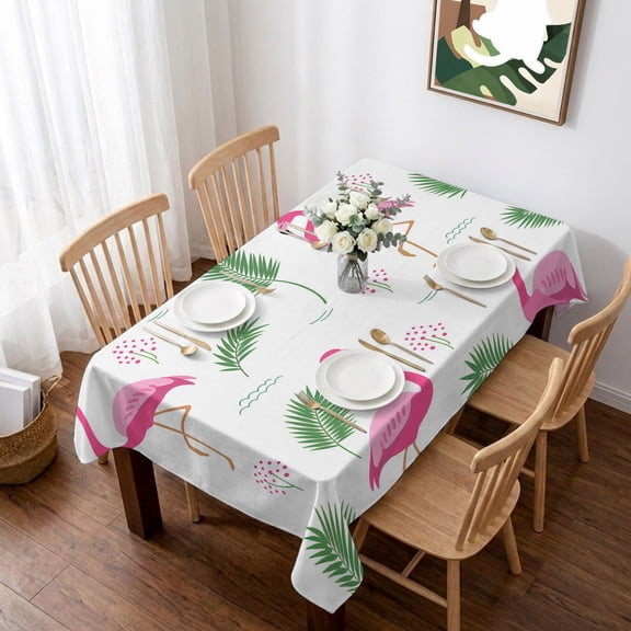 Pink Flamingos Table Cloth Waterproof Tablecloths, Summer Green Tropical Palm Leaves Tablecloth Dining Table Cover for Kitchen Party Tabletop Outdoor, Rectangle Tablecloth 60x84 Inch
