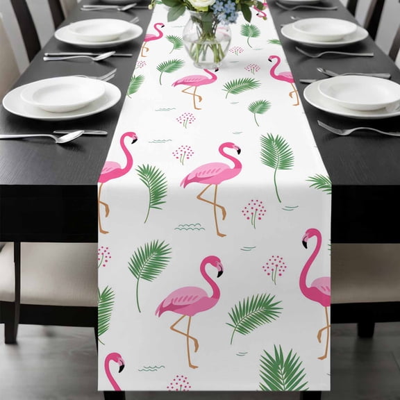 Pink Flamingos Table Runner 48 Inches Long, Summer Green Tropical Palm Leaves Kitchen Coffee Dining Table Decoration for Home Party Birthday Wedding Home Decor 13x48 Inches