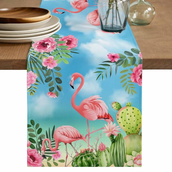 Pink Flamingos Table Runner 90 Inches, Summer Beach Tropical Floral Cactus Bed Runner Dresser Scarves Tabletop for Indoor Outdoor Parties/Ceremony/Banquet, 13" x 90"