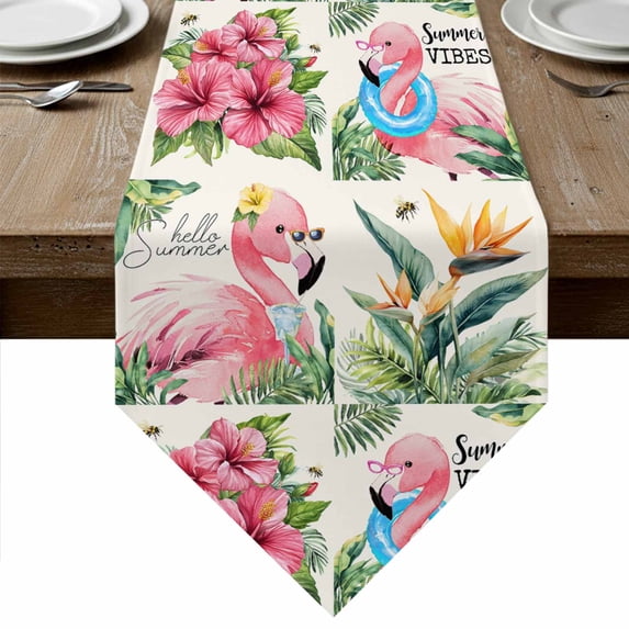 Pink Flamingos Table Runner Linen Burlap Table Runner 72 Inches Long Summer Palm Leaf Tropical Botanical Dresser Scarves for Kitchen Island Coffee Dining Party Wedding Banquet Holiday Decor 16"x72"
