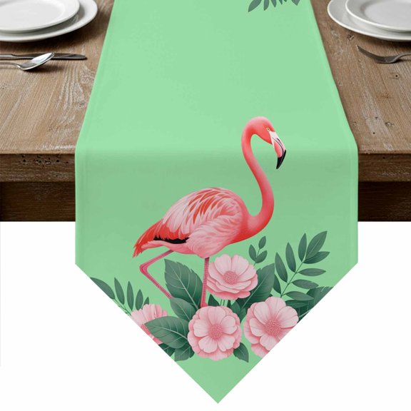 Pink Flamingos Table Runner Linen Burlap Table Runner 90 Inches Long Summer Botanical Flowers Leaves Animals Dresser Scarves for Kitchen Island Coffee Dining Room Party Wedding Holiday Decor 13"x90"