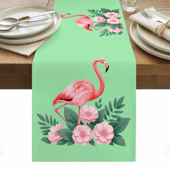 Pink Flamingos Table Runner Summer Botanical Flowers Leaves Animals Tablerunners 16 x 72 Inch, Table Decorations Tabletop Scarf for Summer Gathering Holiday Farmhouse Kitchen Dining Decor