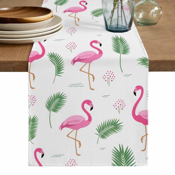 Pink Flamingos Table Runner, Summer Green Tropical Palm Leaves Washable Cotton Linen Table Runners 36 Inches Long, Dresser Scarf Runner for Nightstand/End Tables/Round Tables 13''x36''